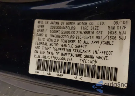 2005 Honda Cr-V Ex from USA, damaged, VIN JHLRD77805C001836